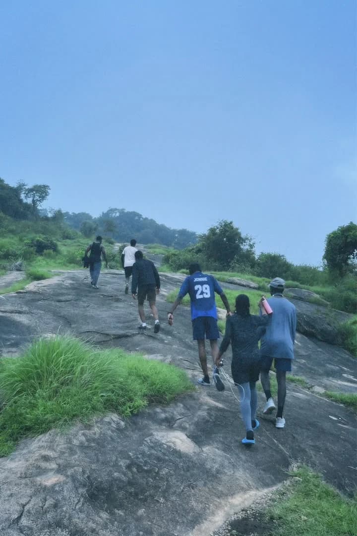 Hiking with friends on rocky terrain